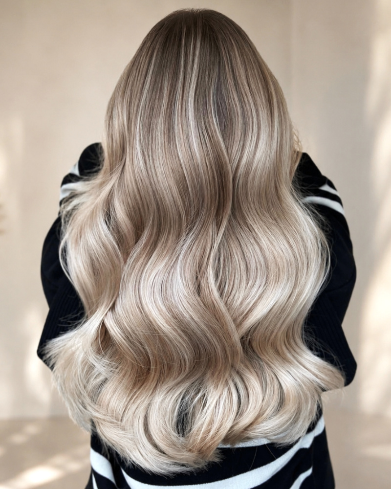 Pehmeä vaalea balayage pitkissä hiuksissa