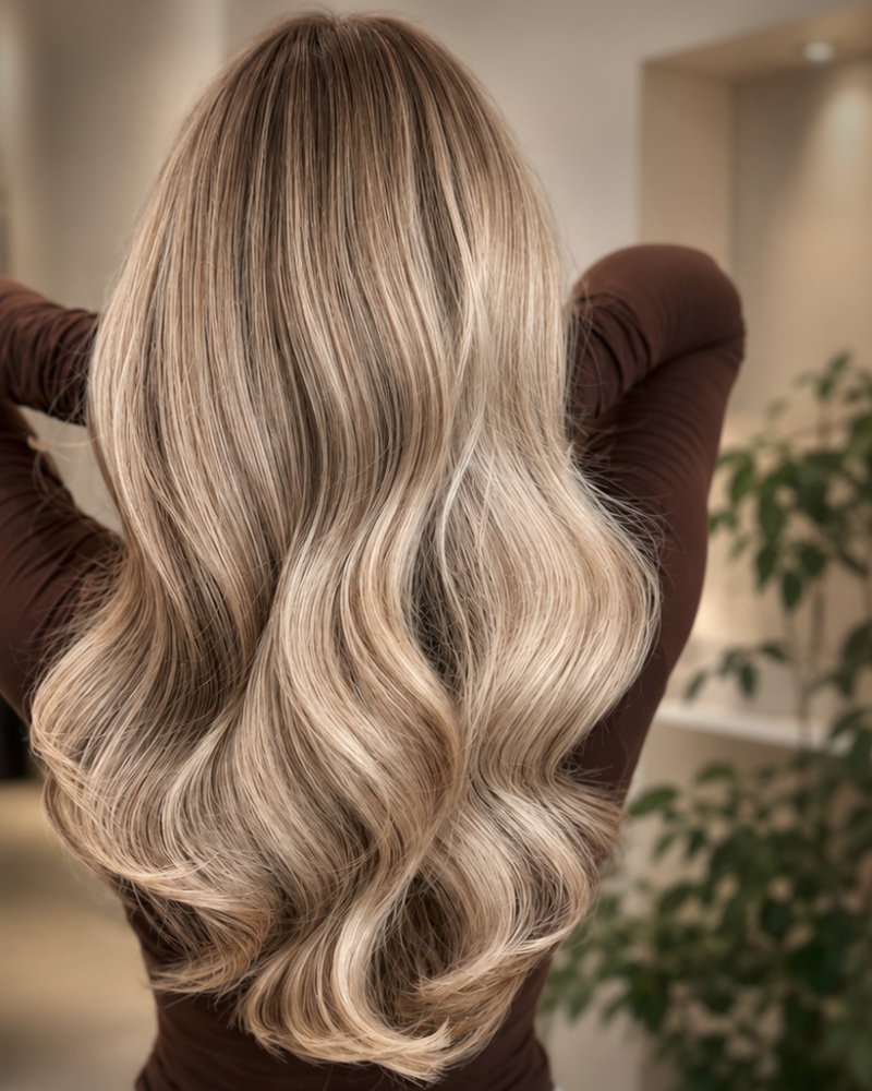 Luonnollinen vaalea balayage laineikkaissa hiuksissa